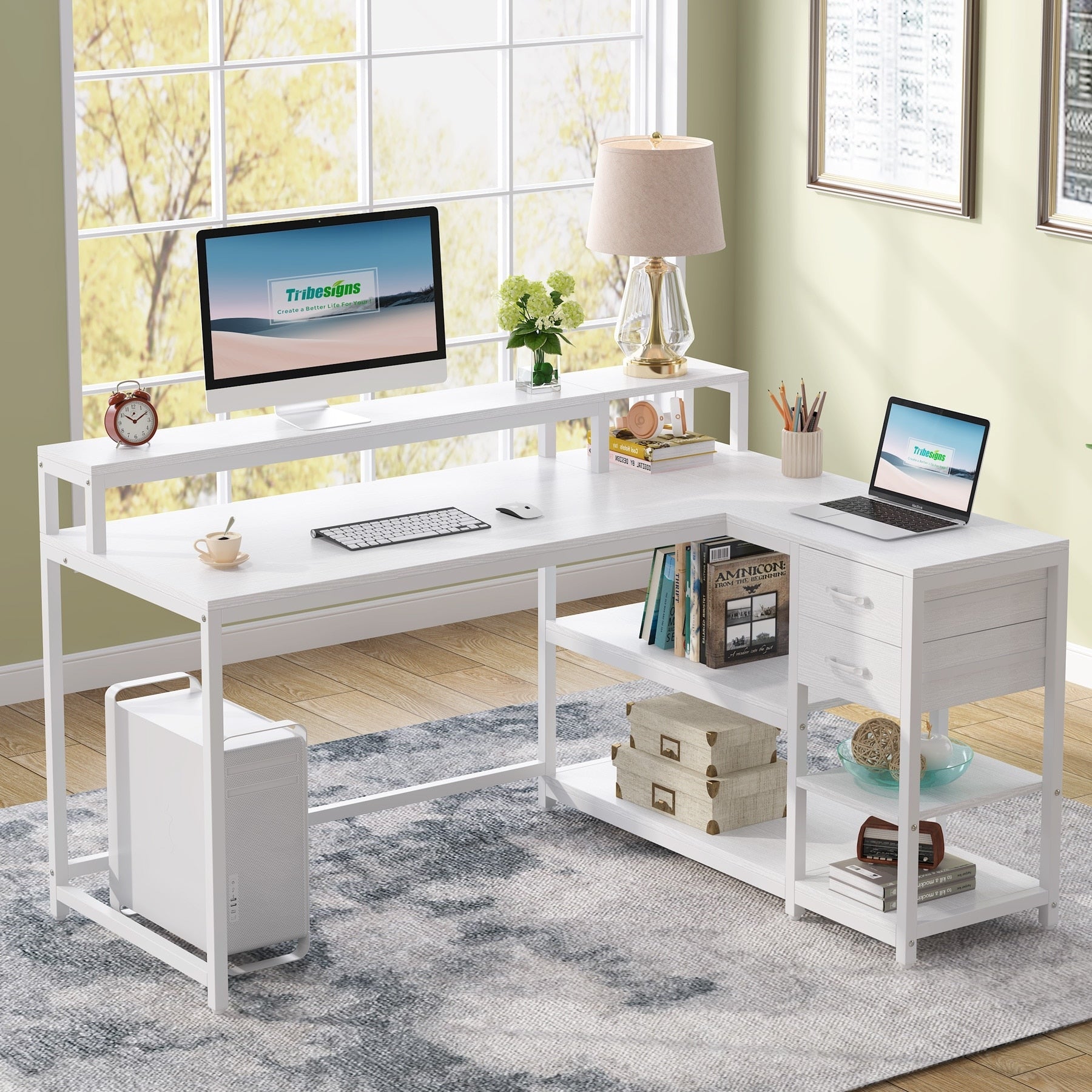 Scrivania a L con cassetto, scrivania angolare per ufficio domestico con ripiani portaoggetti e supporto per monitor, scrivania rustica per PC per piccoli spazi