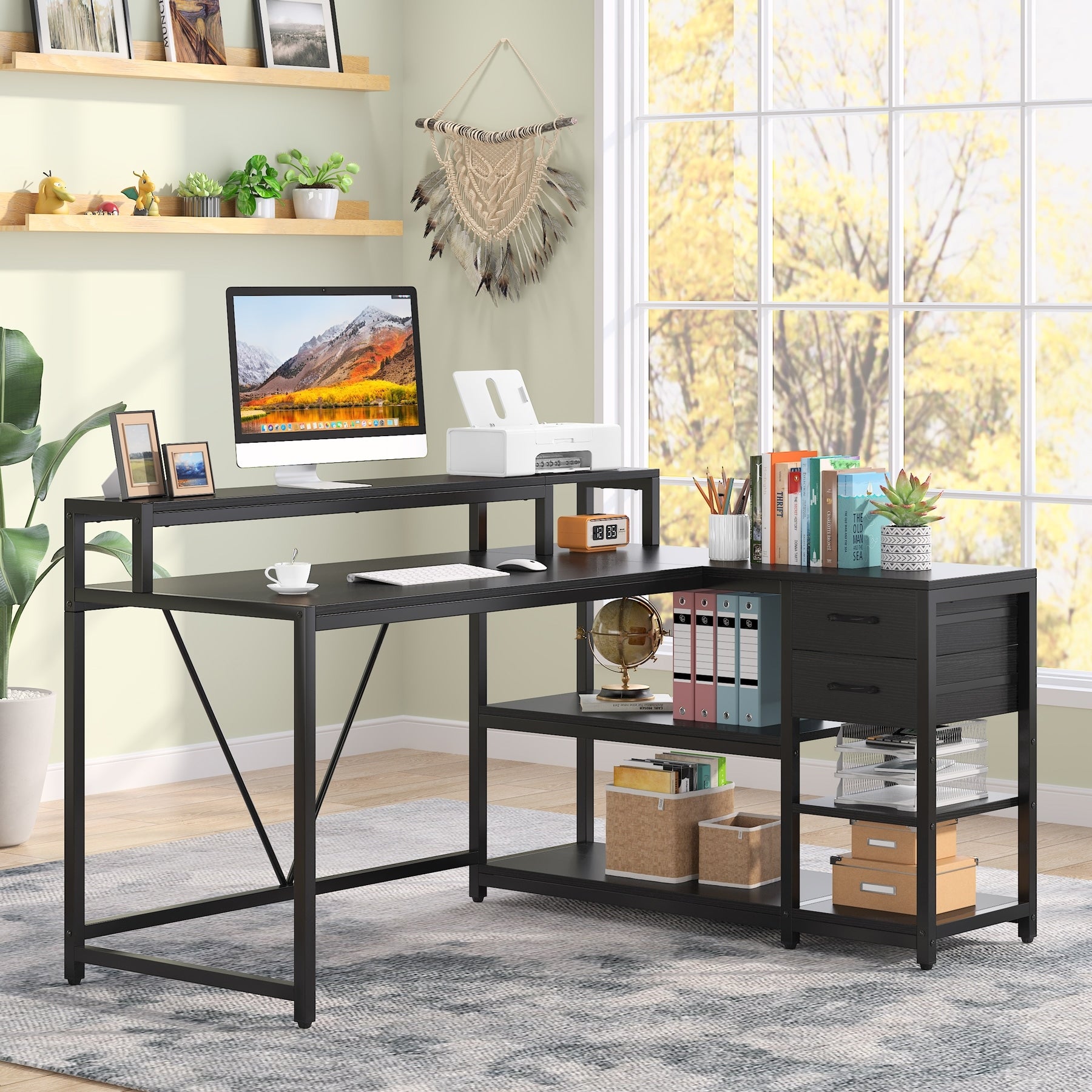 Scrivania a L con cassetto, scrivania angolare per ufficio domestico con ripiani portaoggetti e supporto per monitor, scrivania rustica per PC per piccoli spazi
