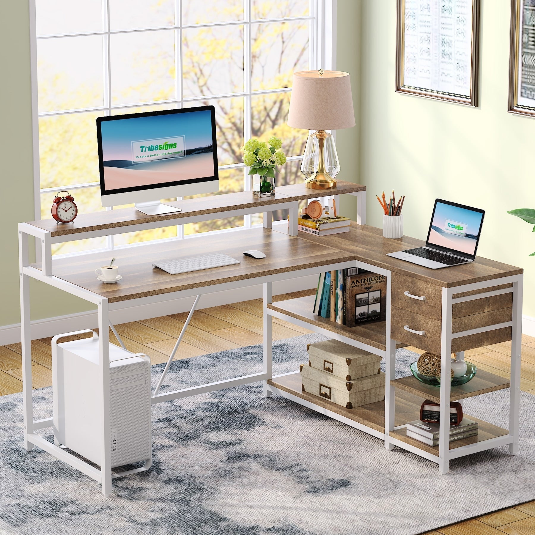 Scrivania a L con cassetto, scrivania angolare per ufficio domestico con ripiani portaoggetti e supporto per monitor, scrivania rustica per PC per piccoli spazi