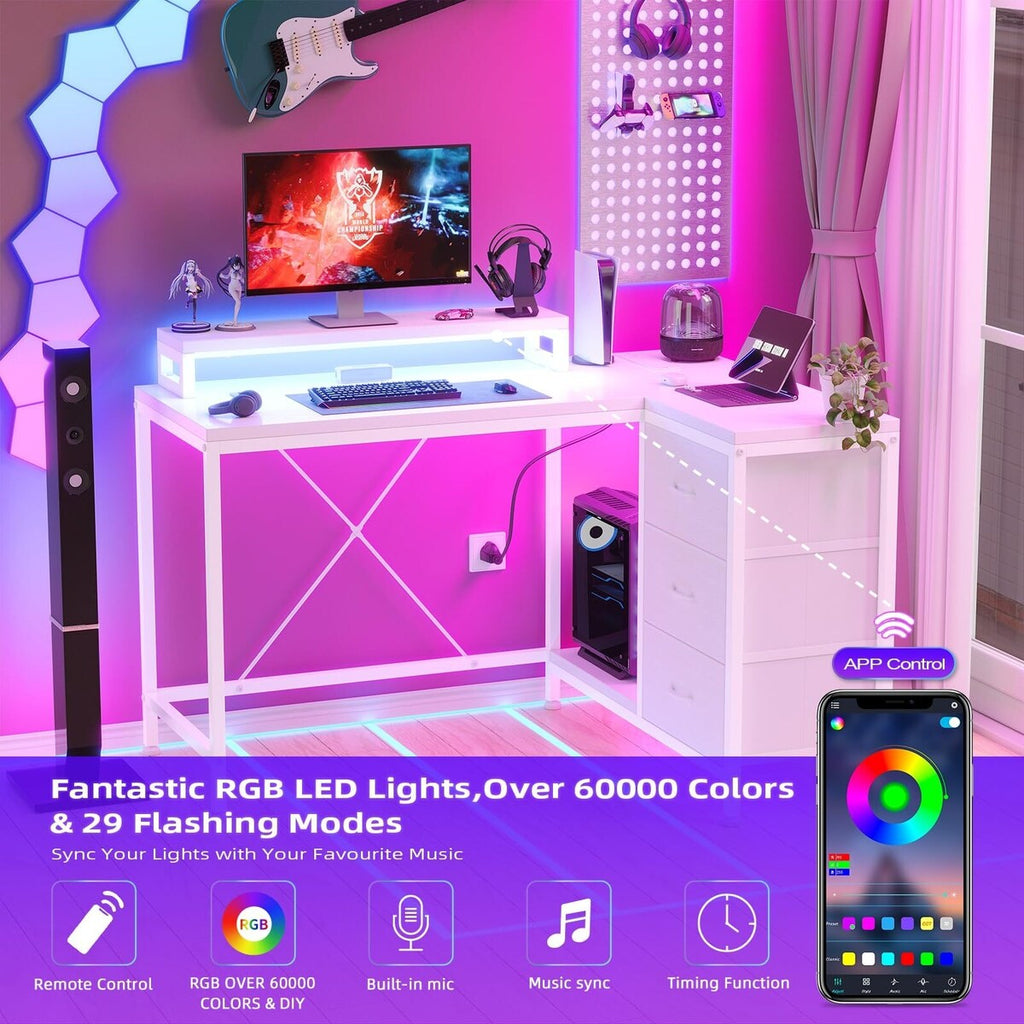 Scrivania a L con prese di corrente e luci a LED