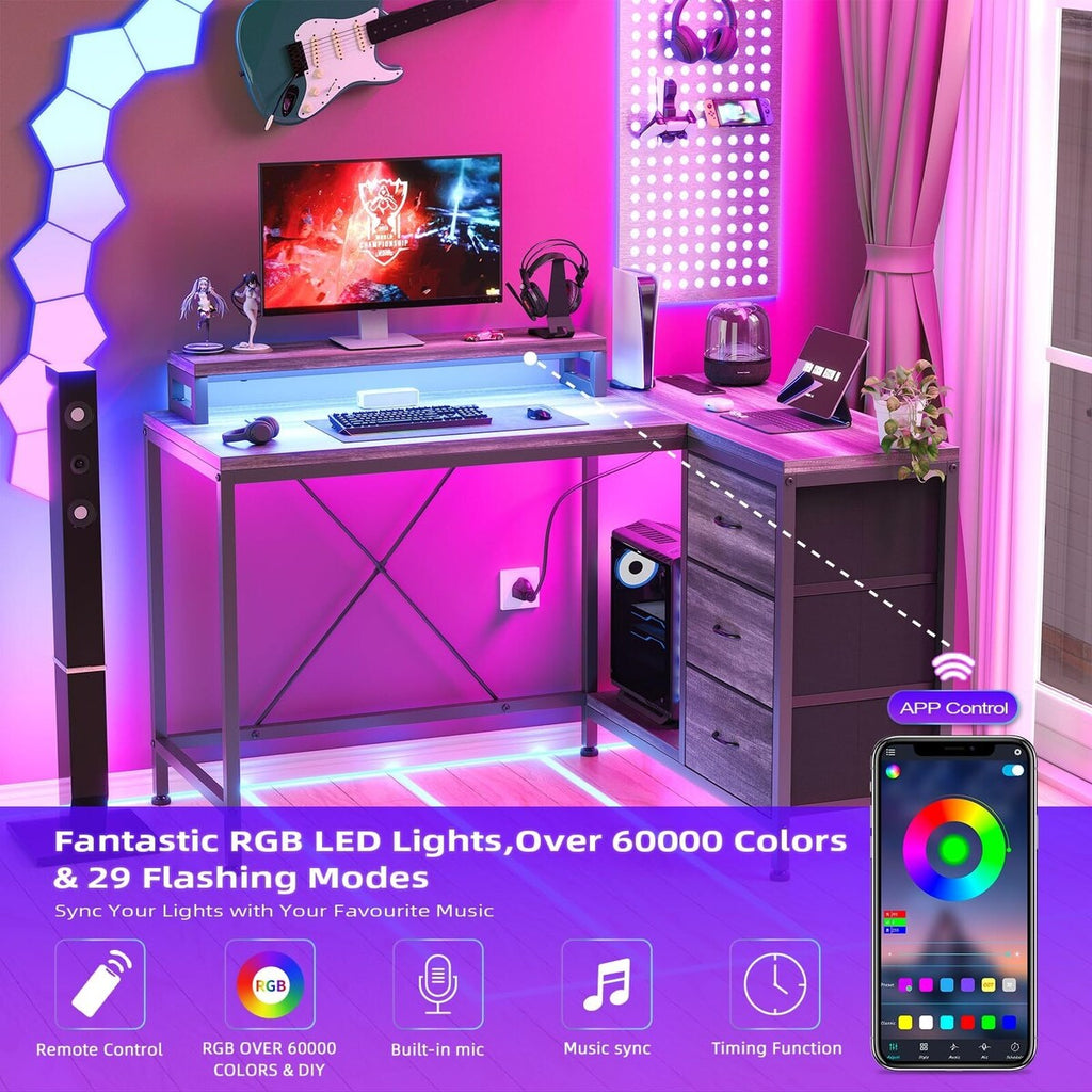 Scrivania a L con prese di corrente e luci a LED