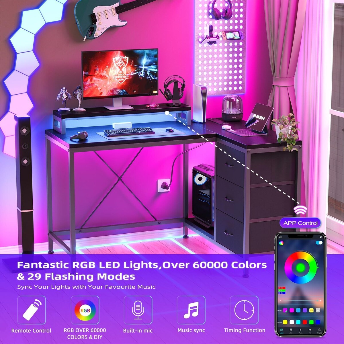 Scrivania a L con prese di corrente e luci a LED