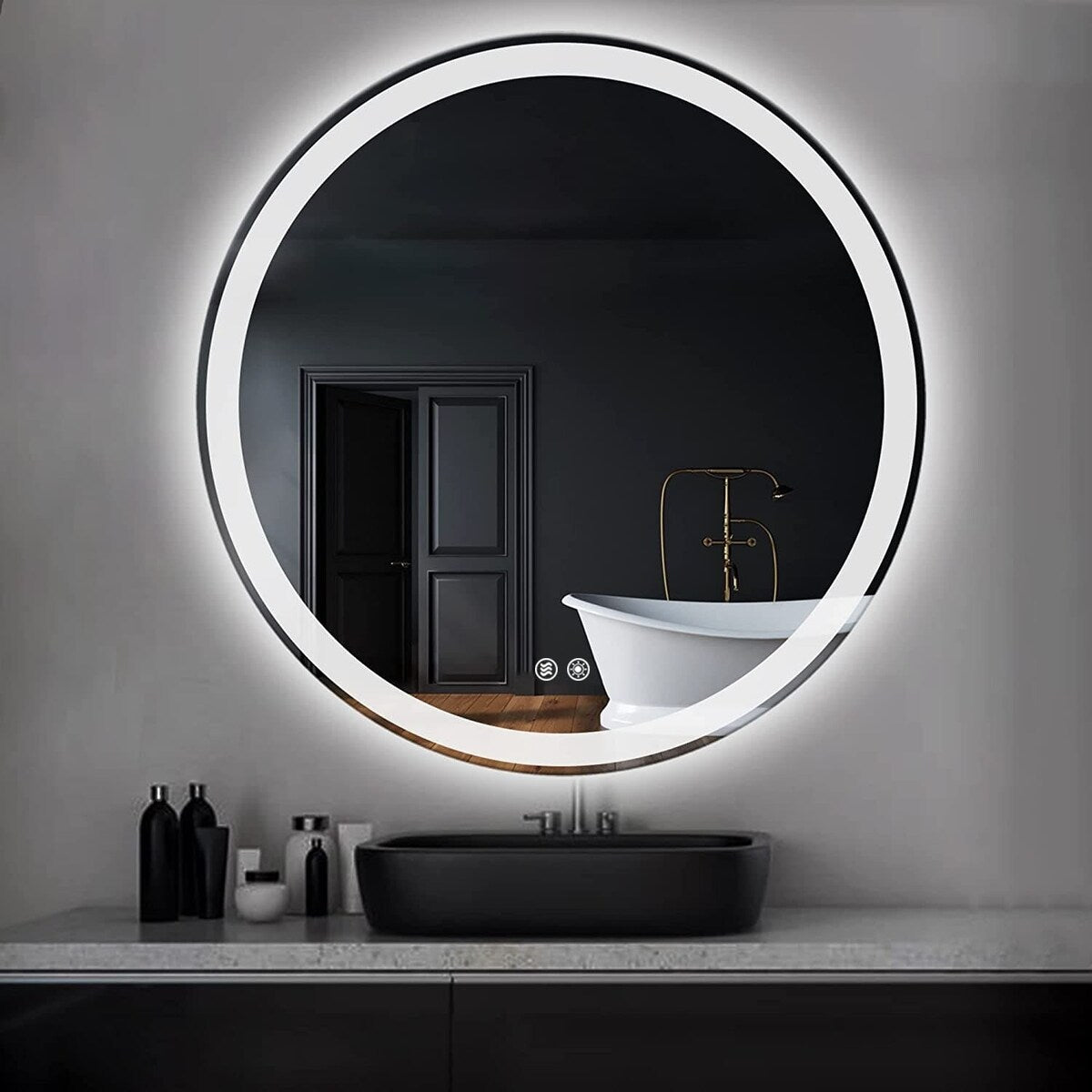 Specchio da toeletta arrotondato senza cornice, dimmerabile, antiappannamento e illuminato a LED