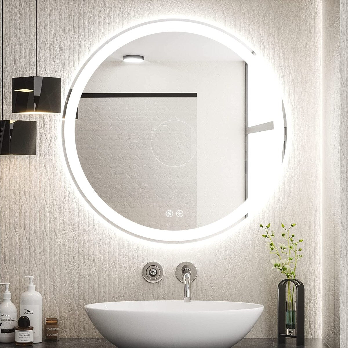 Specchio da toeletta arrotondato senza cornice, dimmerabile, antiappannamento e illuminato a LED