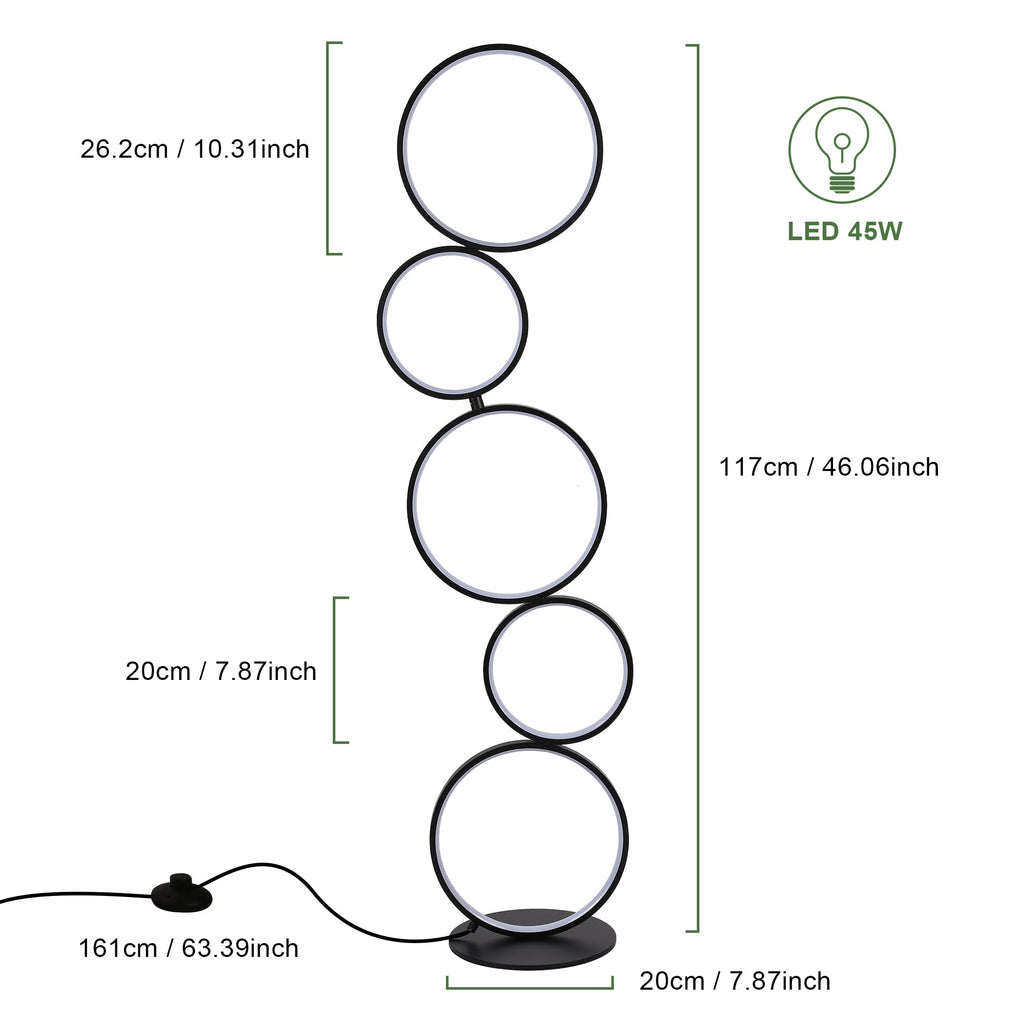 Lampada da terra moderna a LED dimmerabile, lampada da terra angolare luminosa a 3 vie con 5 anelli per soggiorno