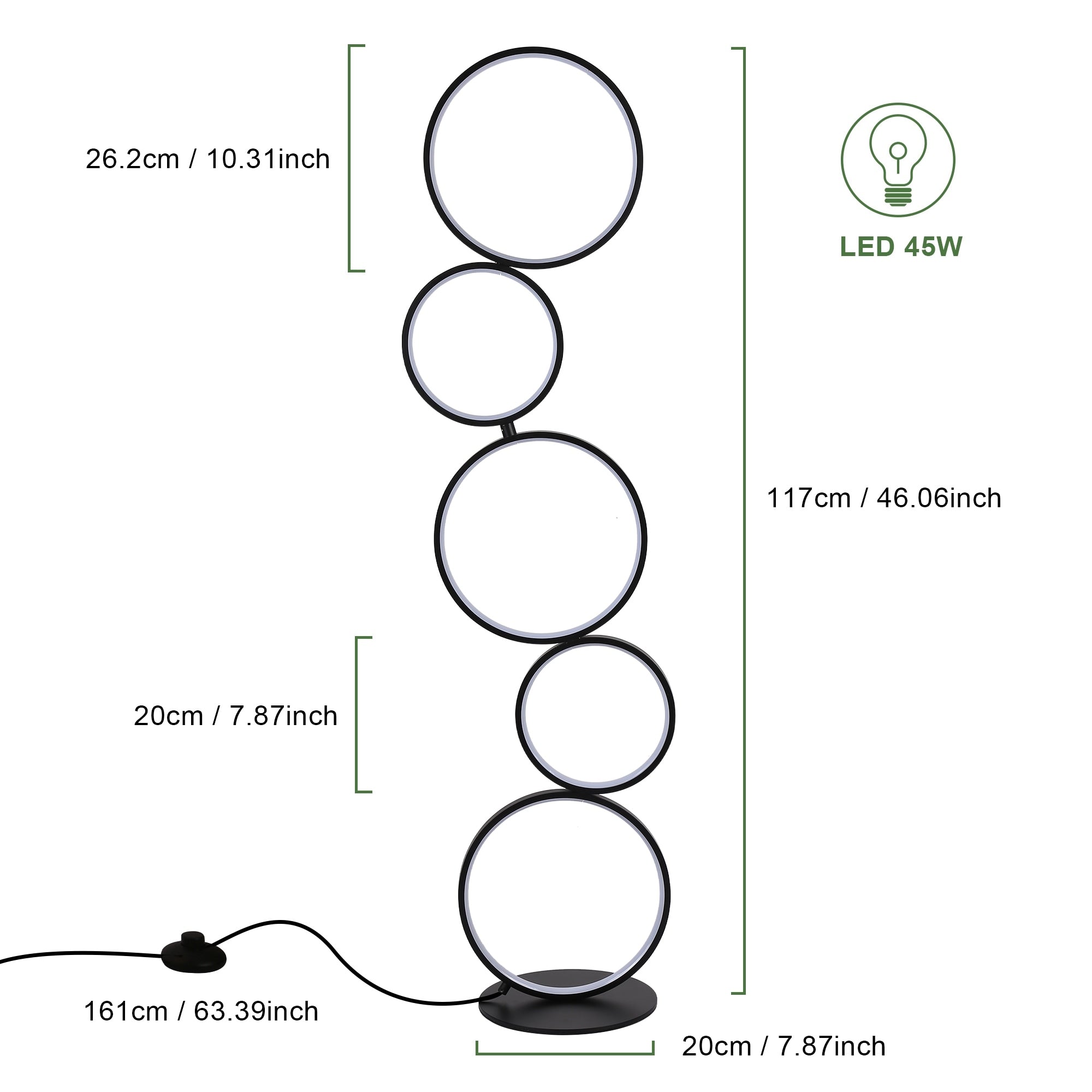 Lampada da terra moderna a LED dimmerabile, lampada da terra angolare luminosa a 3 vie con 5 anelli per soggiorno