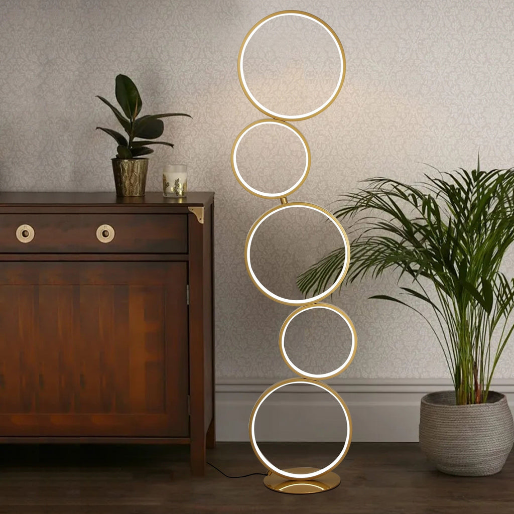 Lampada da terra moderna a LED dimmerabile, lampada da terra angolare luminosa a 3 vie con 5 anelli per soggiorno