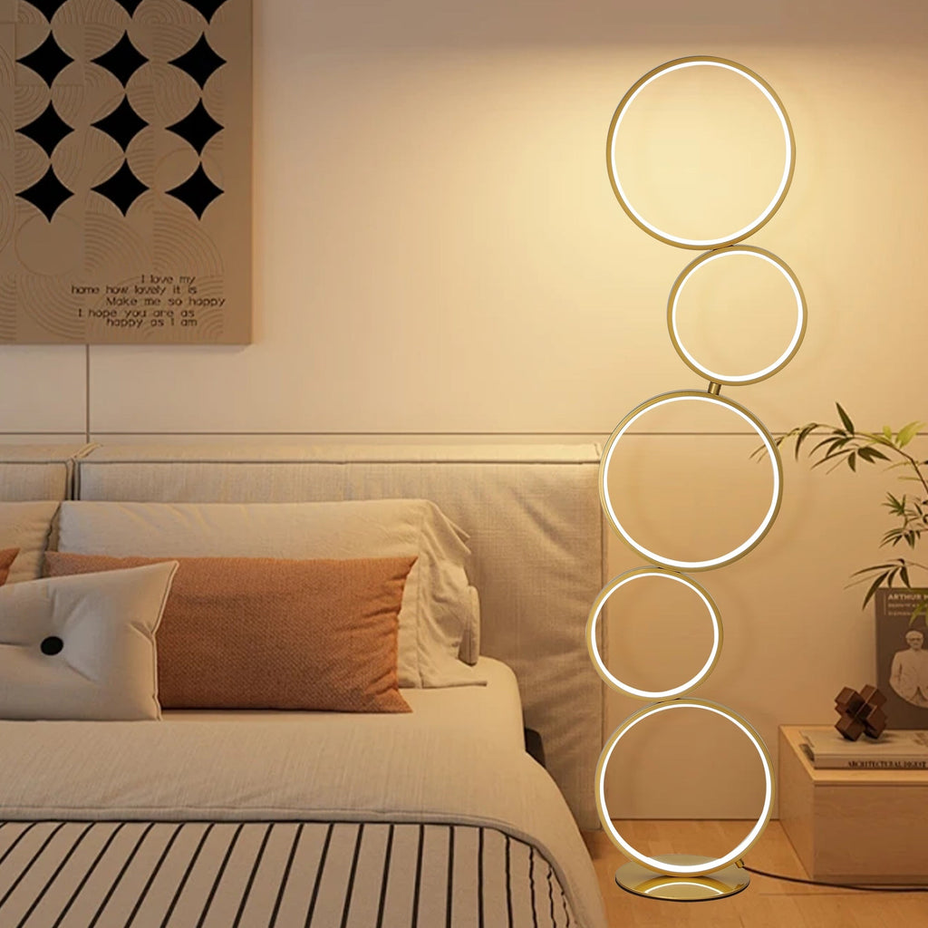 Lampada da terra moderna a LED dimmerabile, lampada da terra angolare luminosa a 3 vie con 5 anelli per soggiorno
