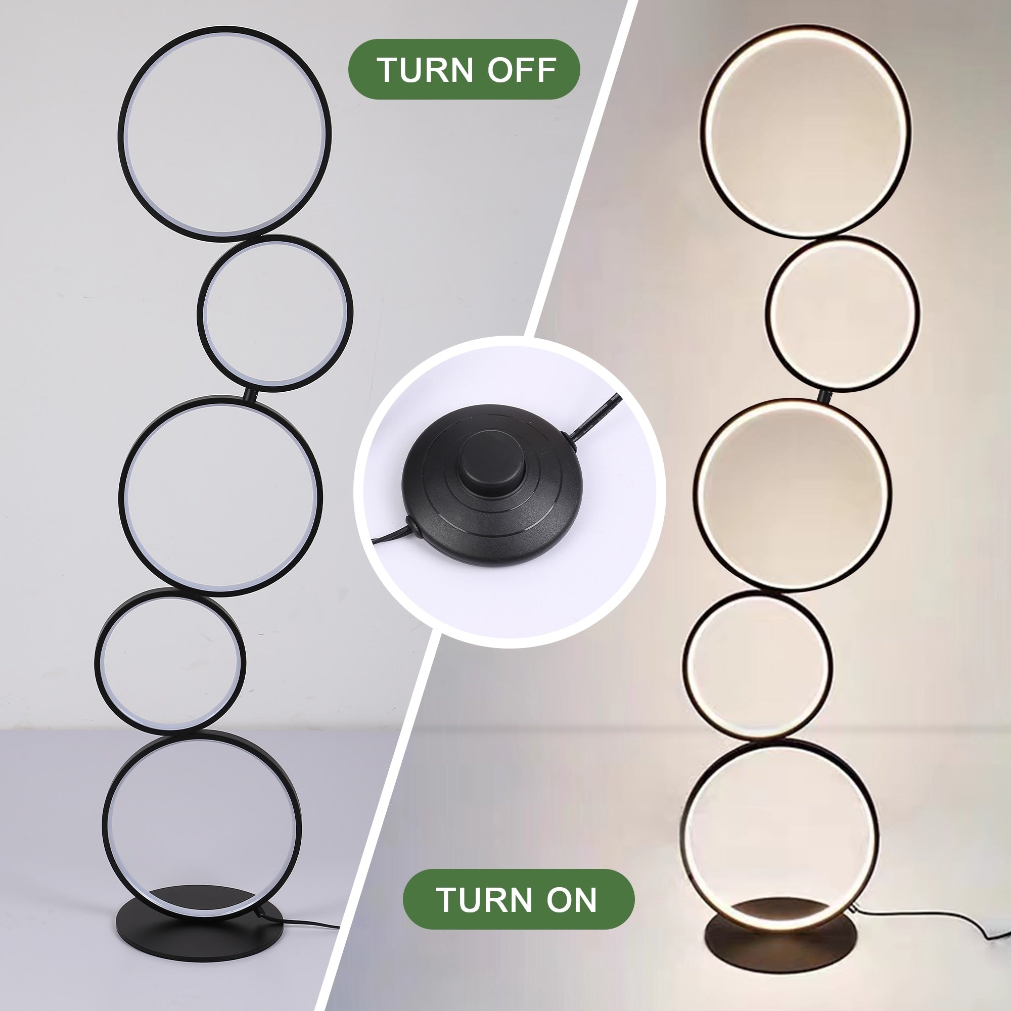 Lampada da terra moderna a LED dimmerabile, lampada da terra angolare luminosa a 3 vie con 5 anelli per soggiorno