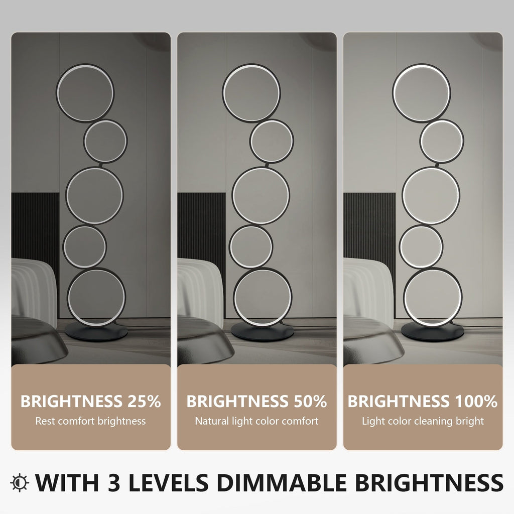 Lampada da terra moderna a LED dimmerabile, lampada da terra angolare luminosa a 3 vie con 5 anelli per soggiorno