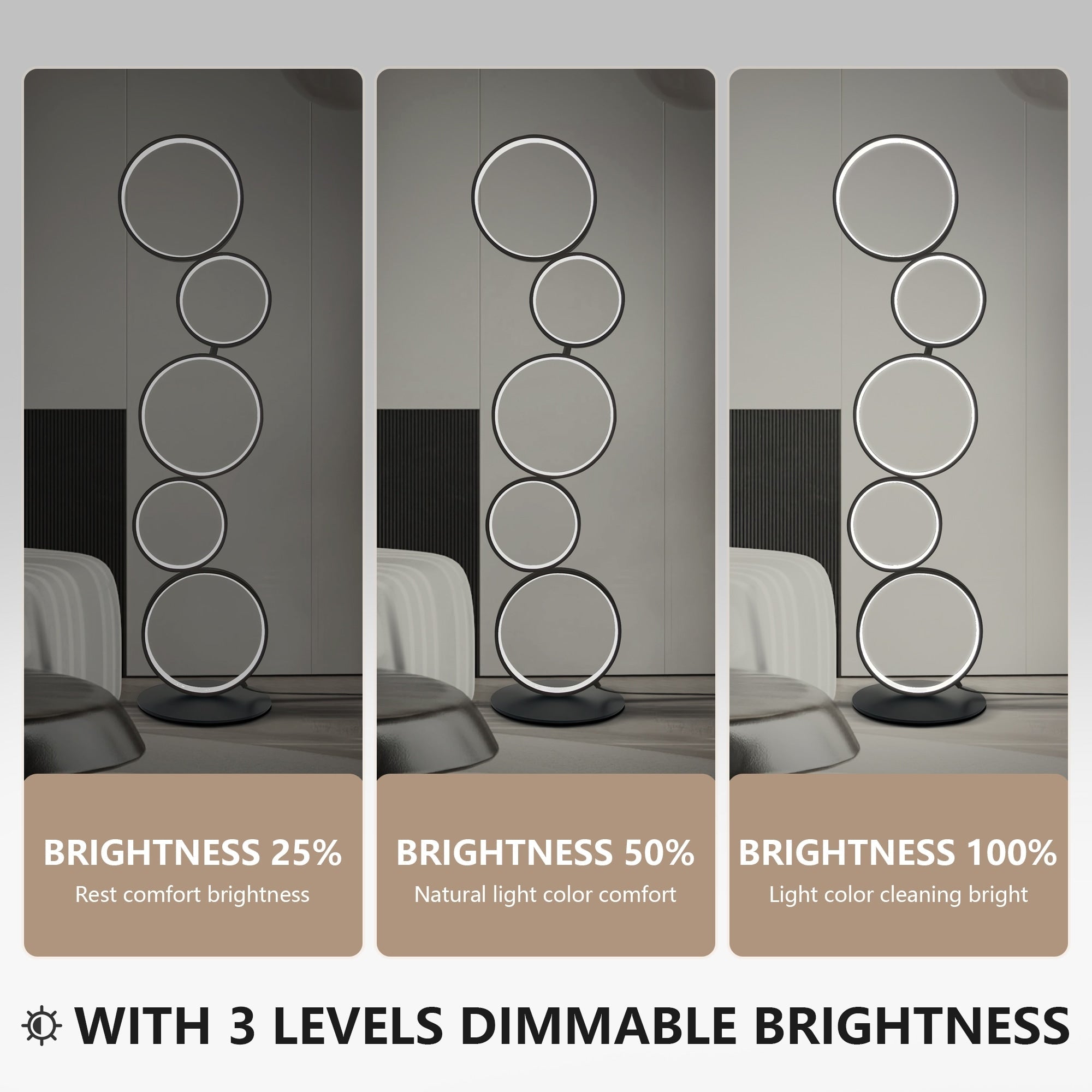 Lampada da terra moderna a LED dimmerabile, lampada da terra angolare luminosa a 3 vie con 5 anelli per soggiorno