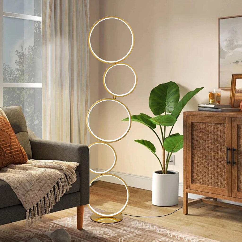 Lampada da terra moderna a LED dimmerabile, lampada da terra angolare luminosa a 3 vie con 5 anelli per soggiorno