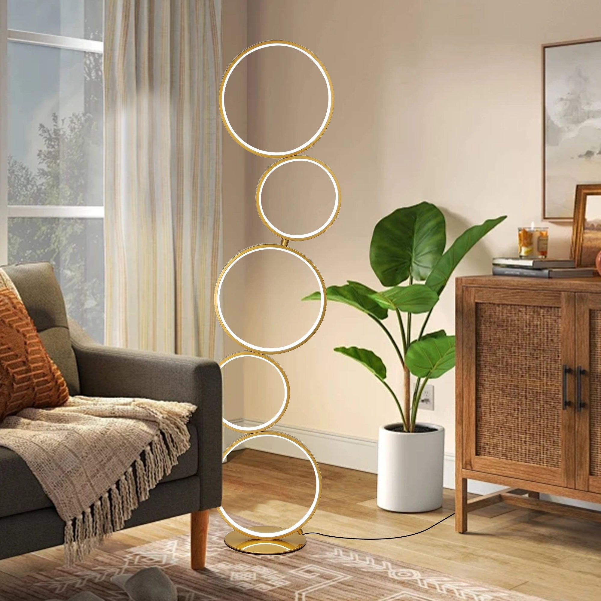 Lampada da terra moderna a LED dimmerabile, lampada da terra angolare luminosa a 3 vie con 5 anelli per soggiorno
