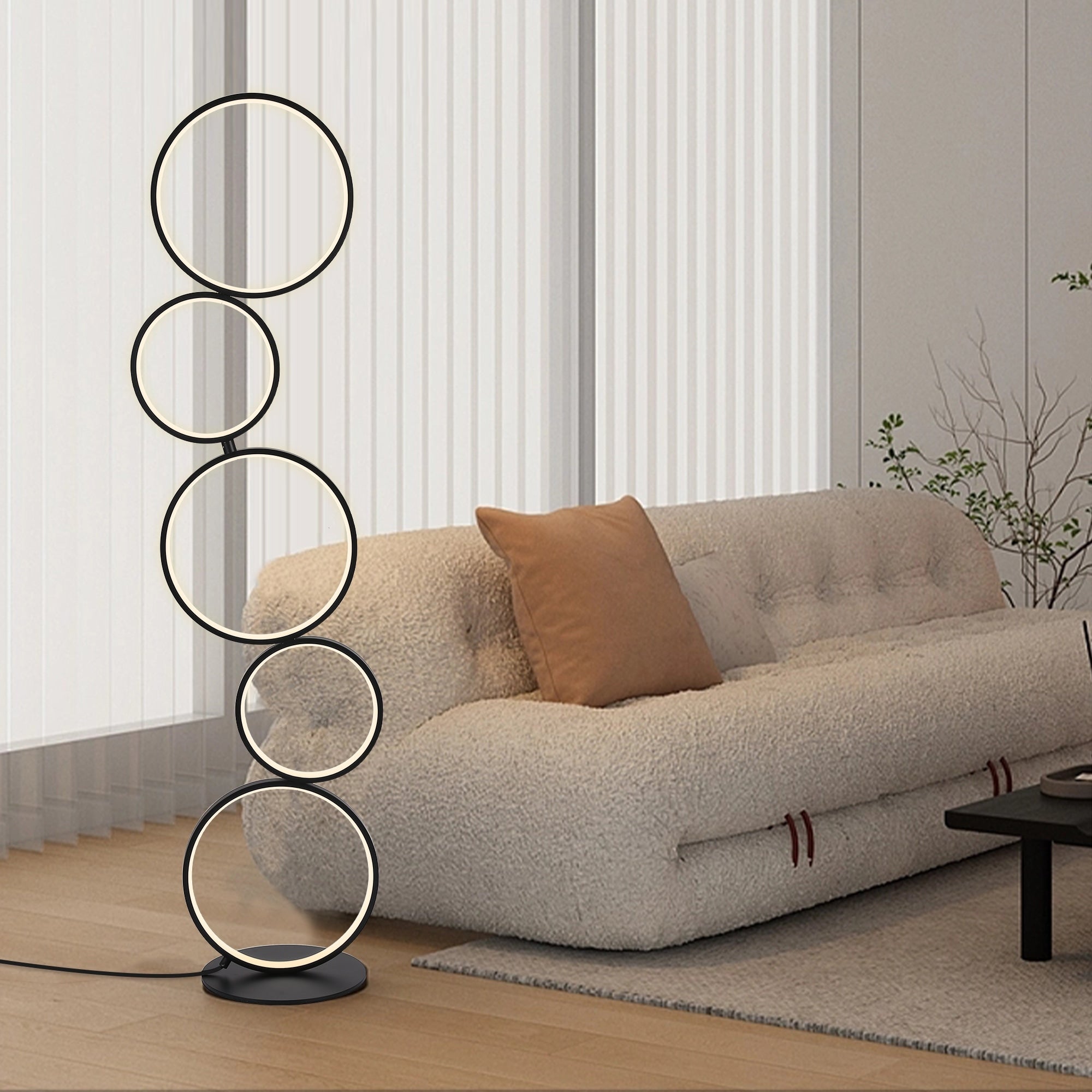 Lampada da terra moderna a LED dimmerabile, lampada da terra angolare luminosa a 3 vie con 5 anelli per soggiorno