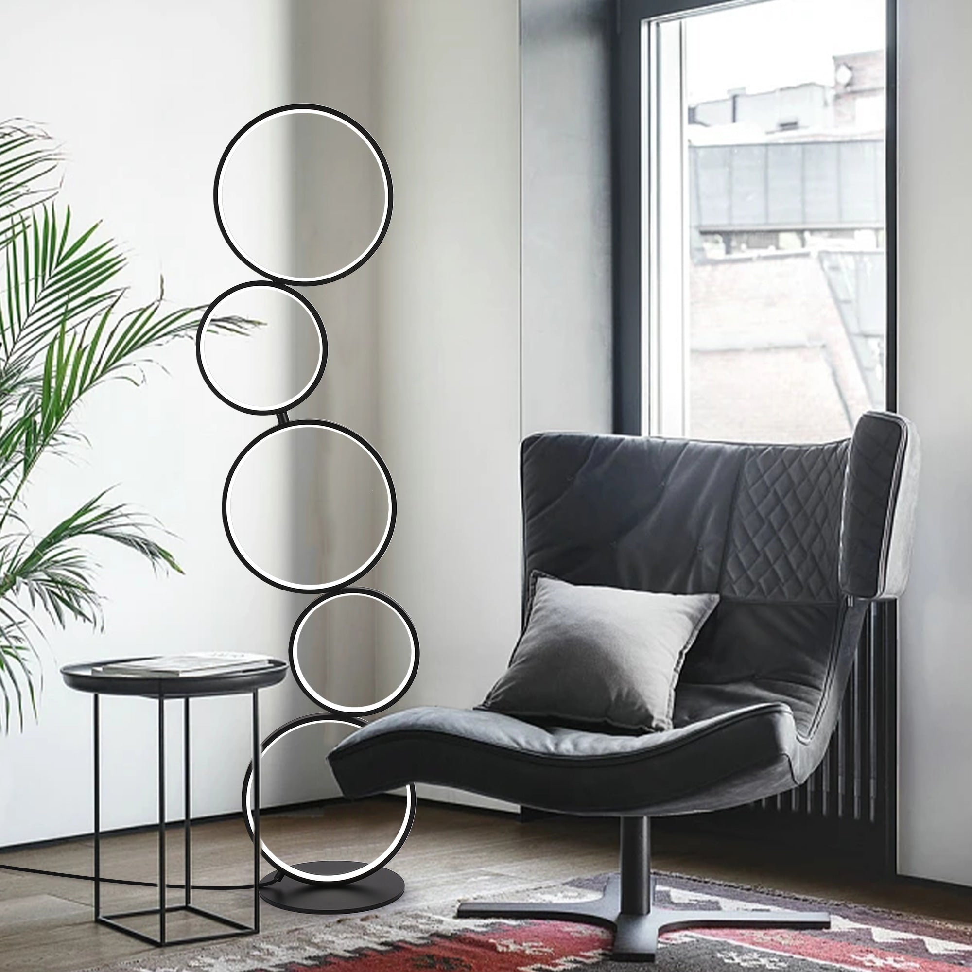 Lampada da terra moderna a LED dimmerabile, lampada da terra angolare luminosa a 3 vie con 5 anelli per soggiorno