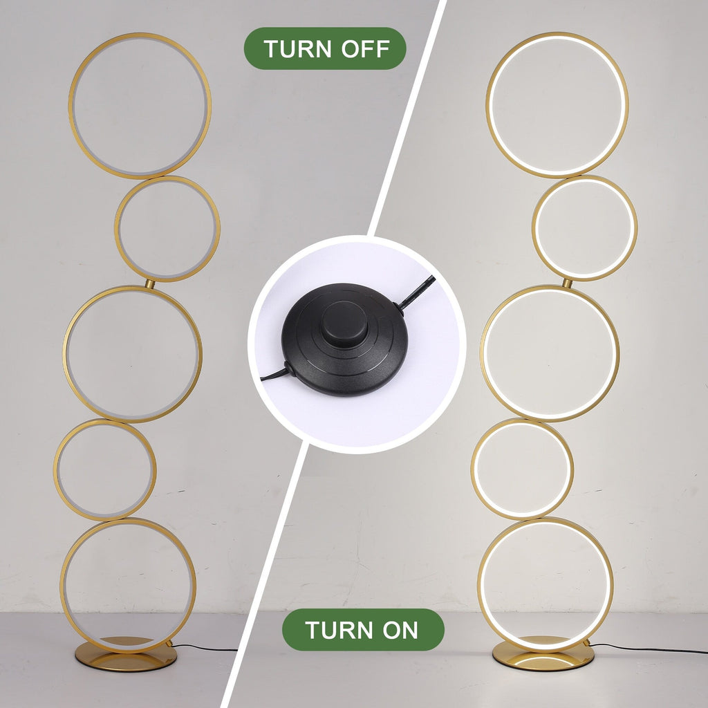 Lampada da terra moderna a LED dimmerabile, lampada da terra angolare luminosa a 3 vie con 5 anelli per soggiorno