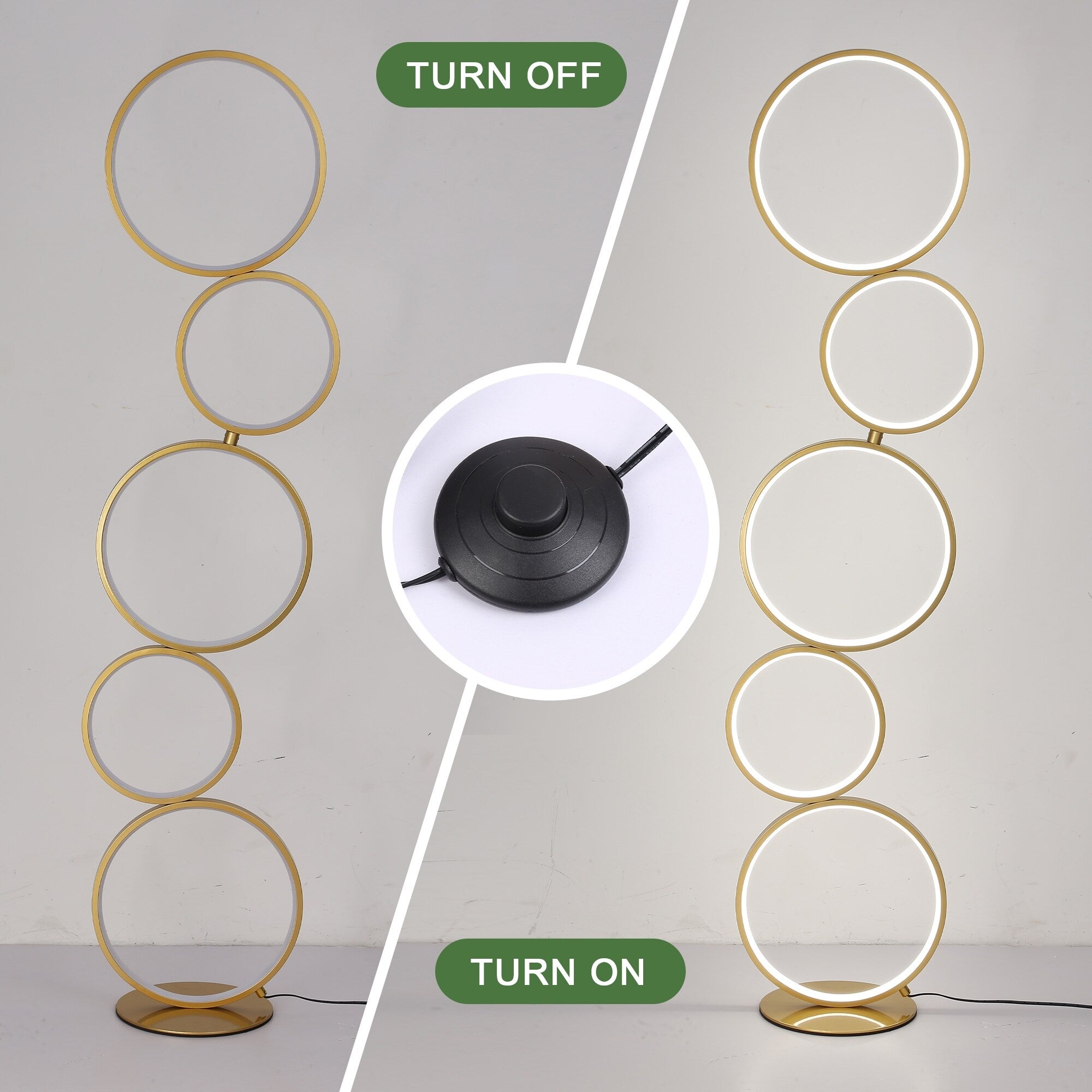 Lampada da terra moderna a LED dimmerabile, lampada da terra angolare luminosa a 3 vie con 5 anelli per soggiorno