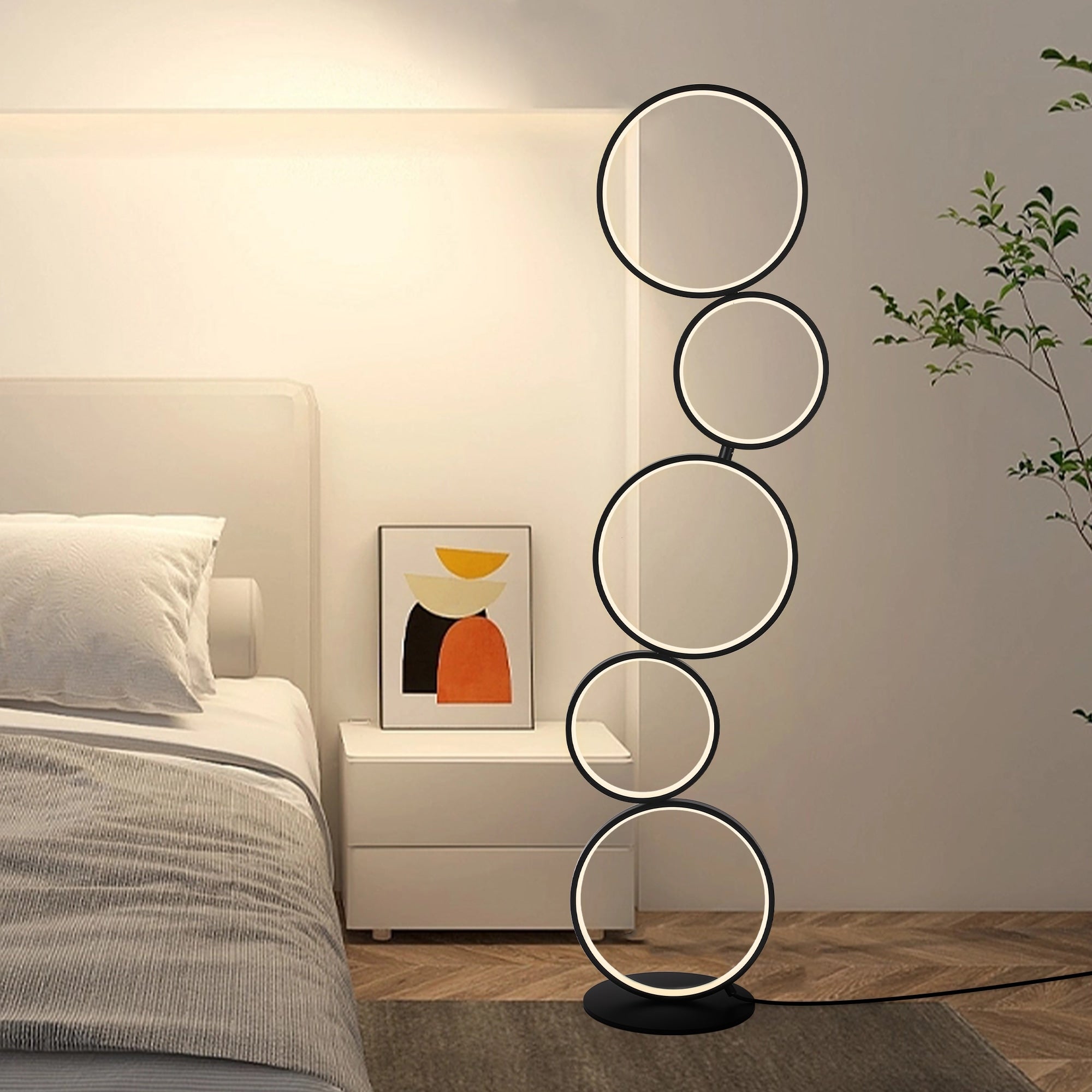Lampada da terra moderna a LED dimmerabile, lampada da terra angolare luminosa a 3 vie con 5 anelli per soggiorno