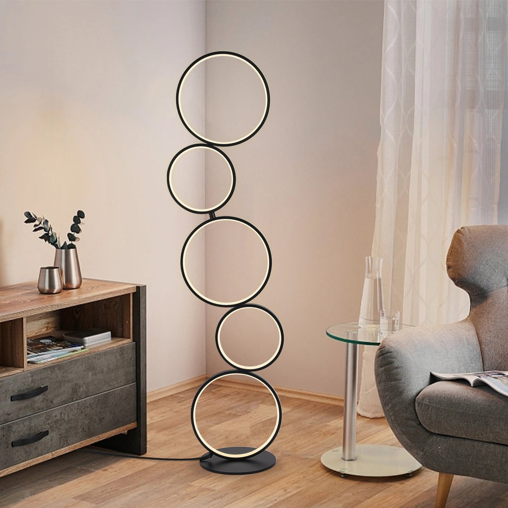 Lampada da terra moderna a LED dimmerabile, lampada da terra angolare luminosa a 3 vie con 5 anelli per soggiorno