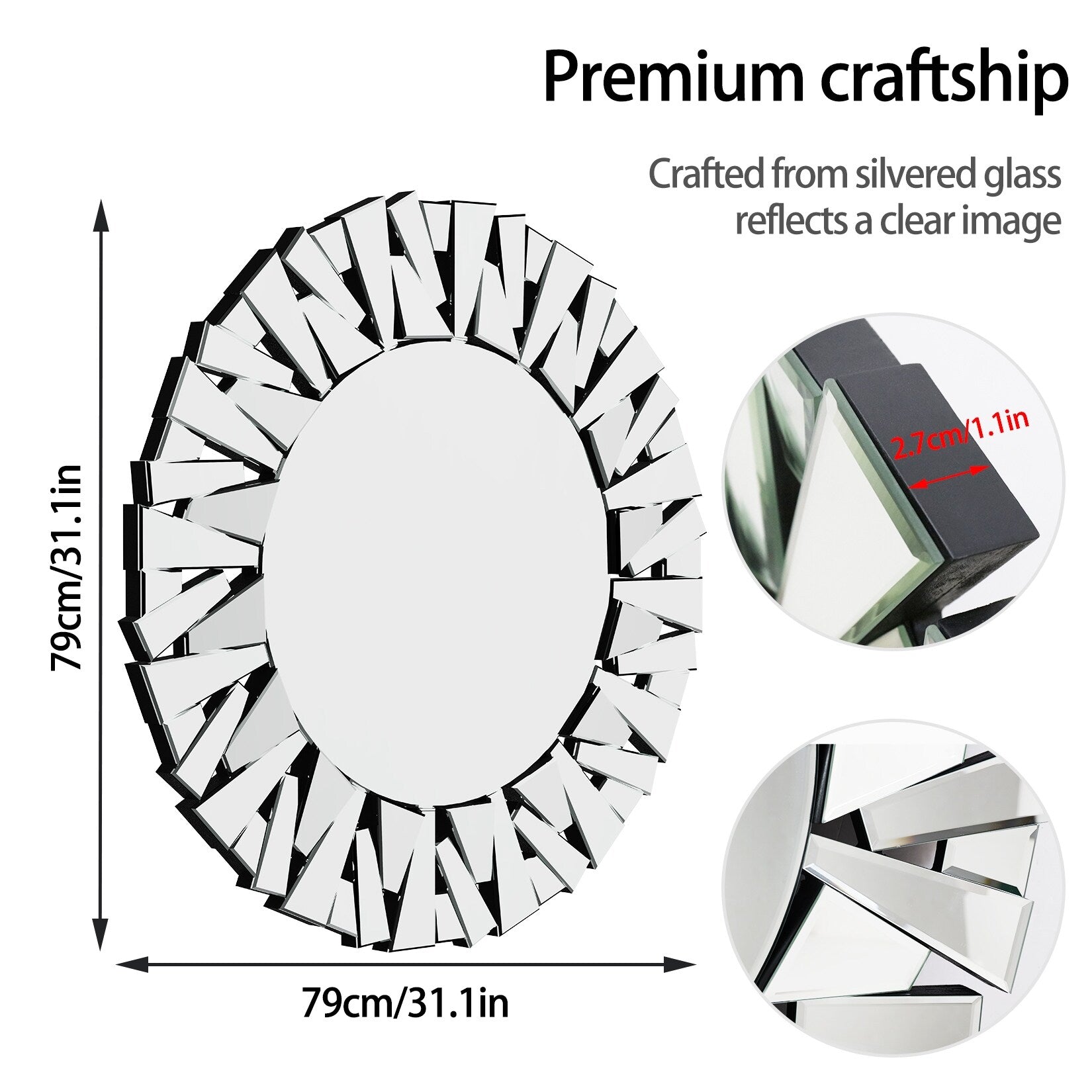 Grandi specchi decorativi rotondi, specchi da parete in vetro artistico, specchi decorativi - 32 pollici di larghezza x 32 pollici di altezza