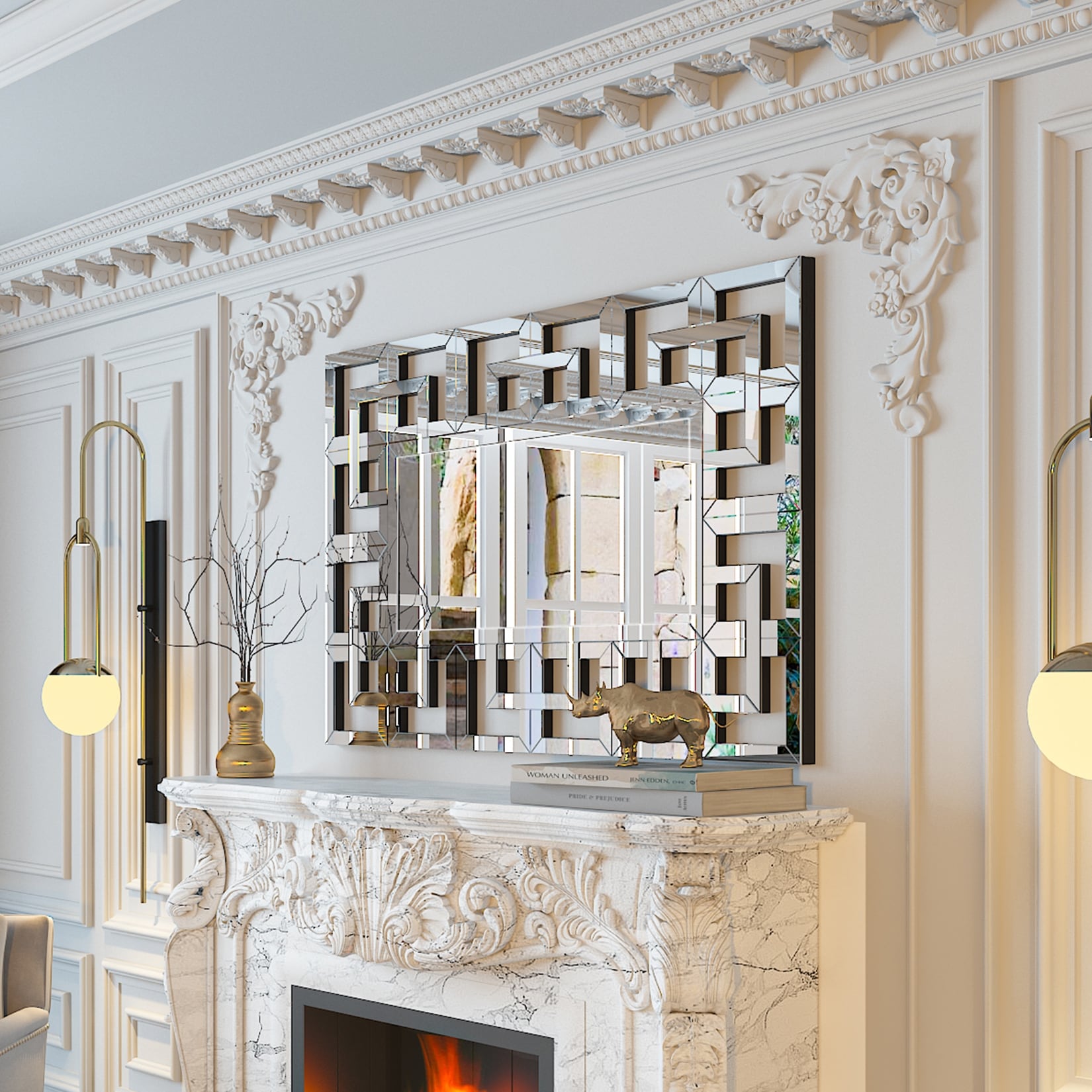 Grande specchio da parete con cornice geometrica e accenti argentati