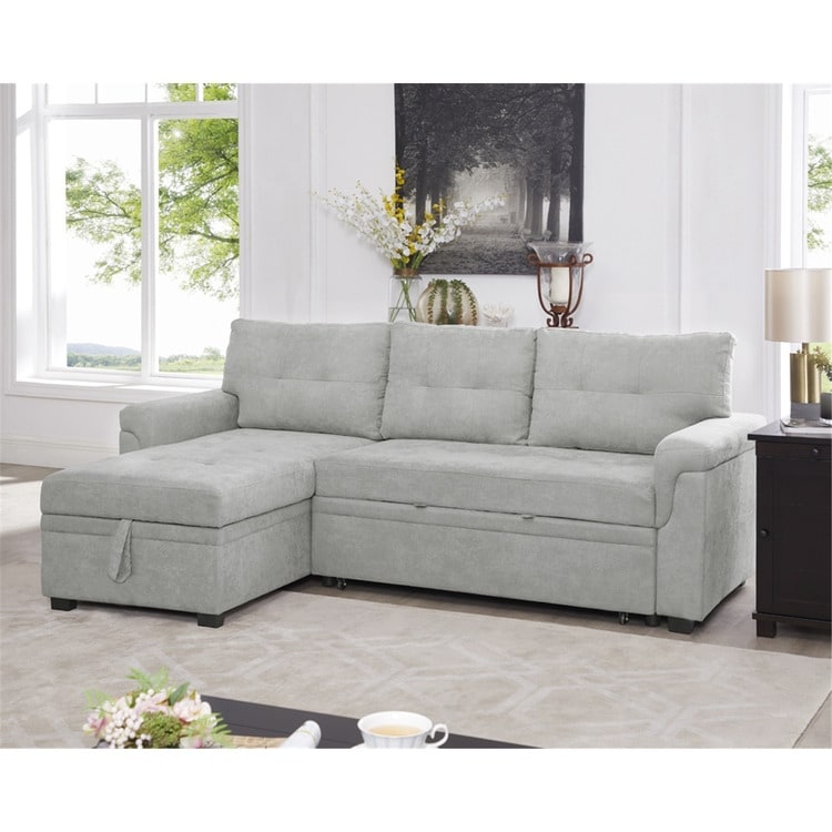 Divano componibile reversibile con letto estraibile, chaise longue con contenitore nascosto e gambe resistenti