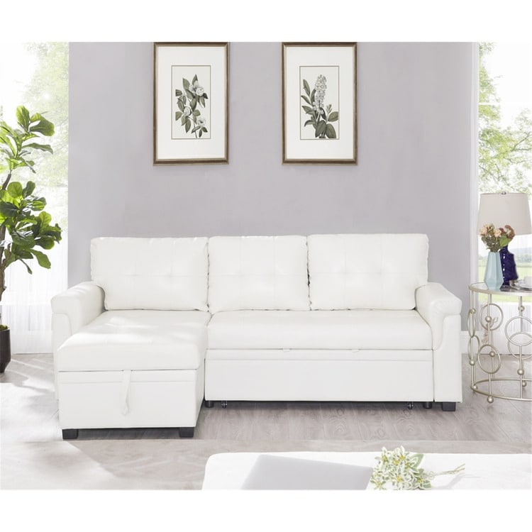 Divano componibile reversibile con letto estraibile, chaise longue con contenitore nascosto e gambe resistenti