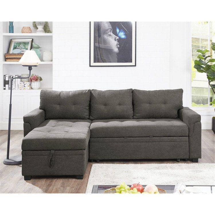 Divano componibile reversibile con letto estraibile, chaise longue con contenitore nascosto e gambe resistenti