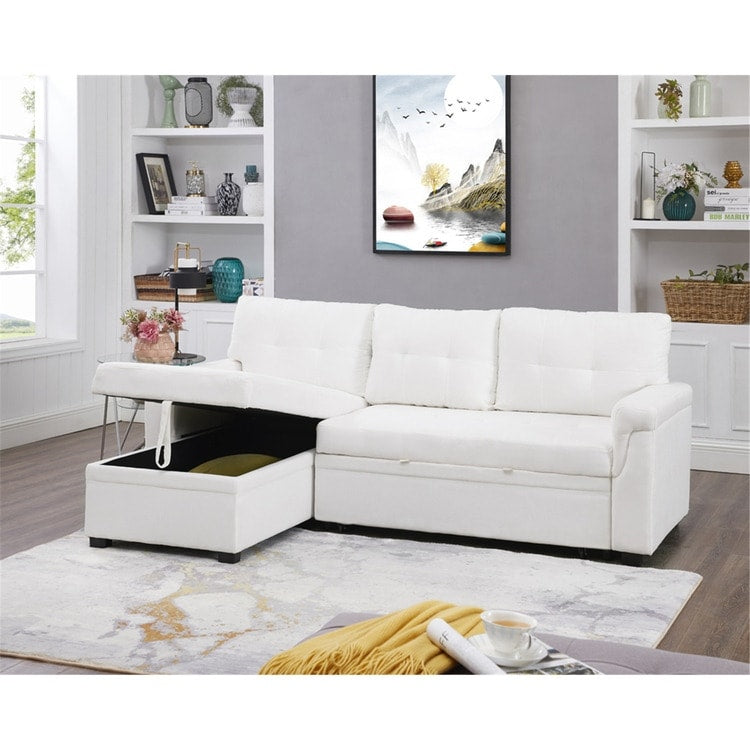 Divano componibile reversibile con letto estraibile, chaise longue con contenitore nascosto e gambe resistenti