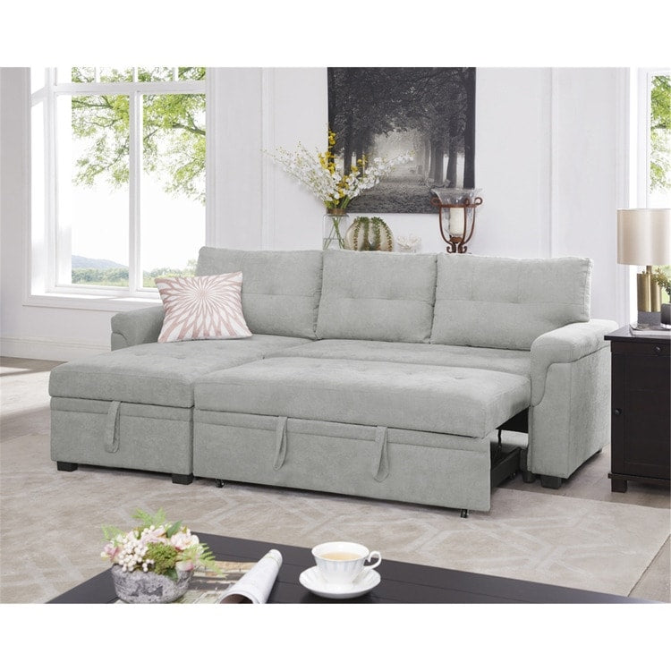 Divano componibile reversibile con letto estraibile, chaise longue con contenitore nascosto e gambe resistenti