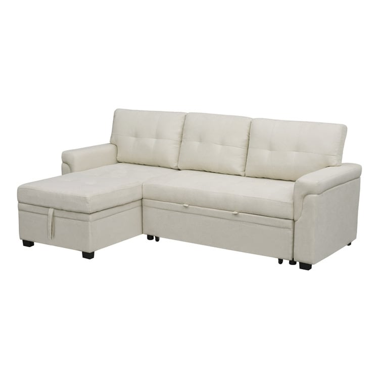 Divano componibile reversibile con letto estraibile, chaise longue con contenitore nascosto e gambe resistenti