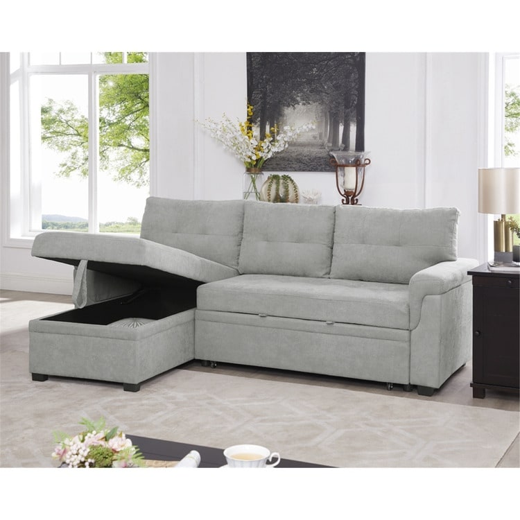 Divano componibile reversibile con letto estraibile, chaise longue con contenitore nascosto e gambe resistenti