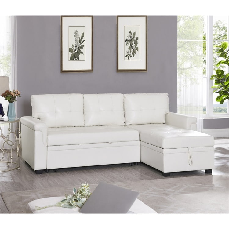Divano componibile reversibile con letto estraibile, chaise longue con contenitore nascosto e gambe resistenti