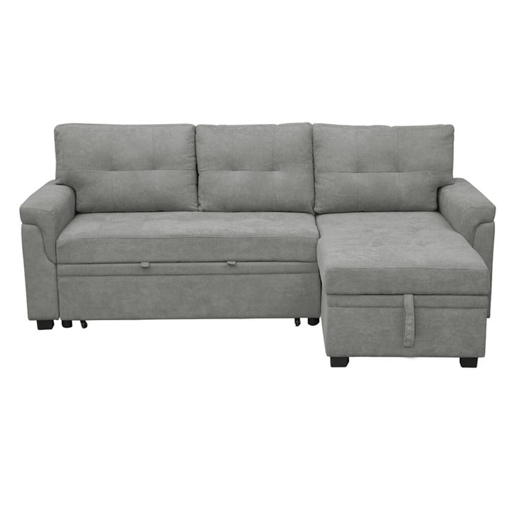 Divano componibile reversibile con letto estraibile, chaise longue con contenitore nascosto e gambe resistenti