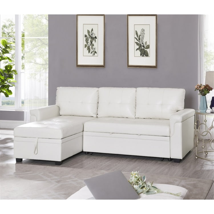 Divano componibile reversibile con letto estraibile, chaise longue con contenitore nascosto e gambe resistenti