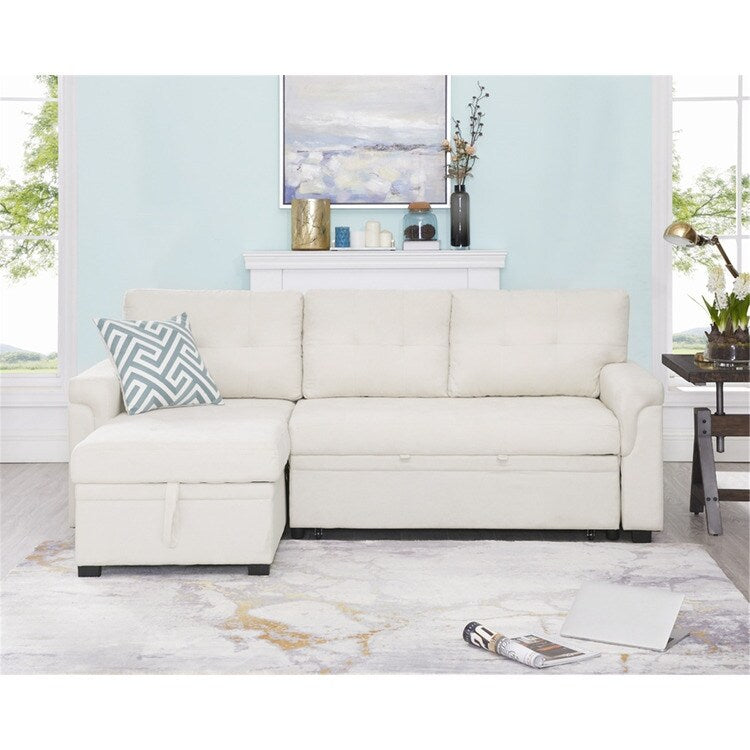 Divano componibile reversibile con letto estraibile, chaise longue con contenitore nascosto e gambe resistenti