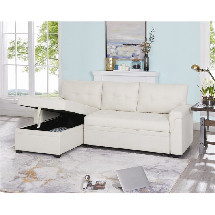 Divano componibile reversibile con letto estraibile, chaise longue con contenitore nascosto e gambe resistenti
