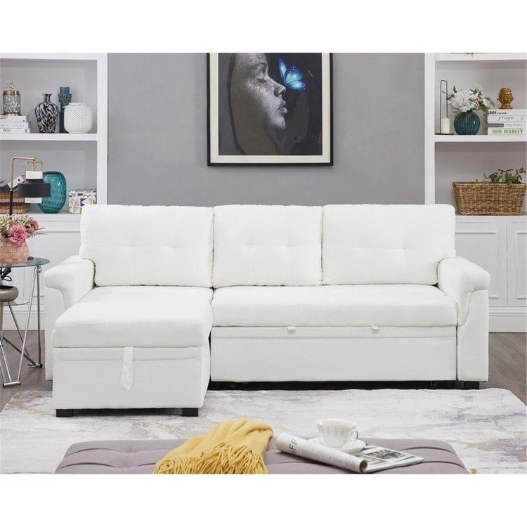 Divano componibile reversibile con letto estraibile, chaise longue con contenitore nascosto e gambe resistenti