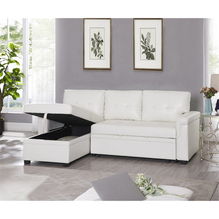 Divano componibile reversibile con letto estraibile, chaise longue con contenitore nascosto e gambe resistenti