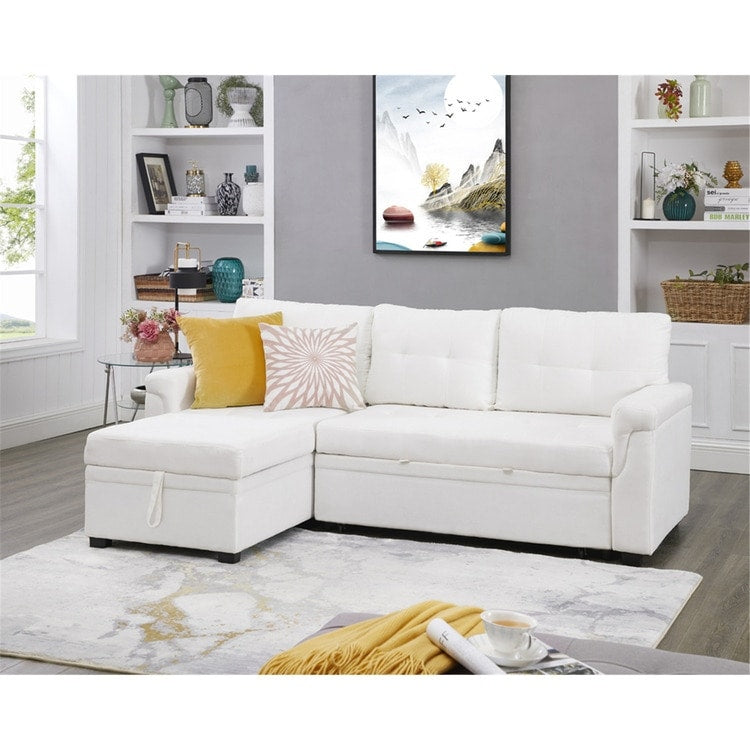 Divano componibile reversibile con letto estraibile, chaise longue con contenitore nascosto e gambe resistenti