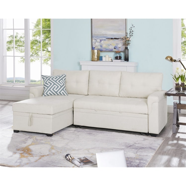 Divano componibile reversibile con letto estraibile, chaise longue con contenitore nascosto e gambe resistenti
