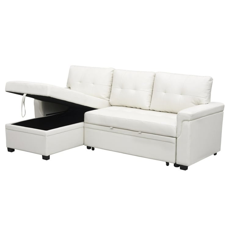 Divano componibile reversibile con letto estraibile, chaise longue con contenitore nascosto e gambe resistenti