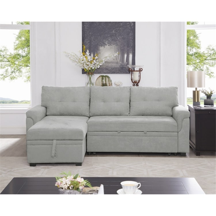 Divano componibile reversibile con letto estraibile, chaise longue con contenitore nascosto e gambe resistenti