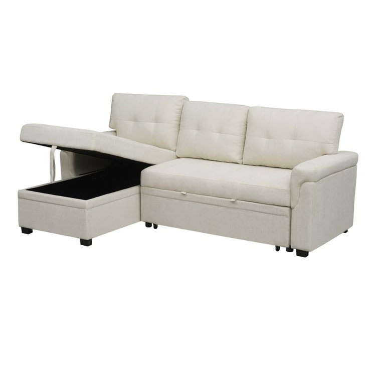Divano componibile reversibile con letto estraibile, chaise longue con contenitore nascosto e gambe resistenti