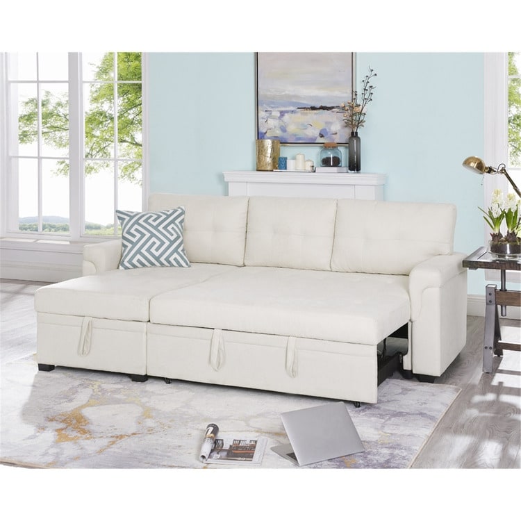 Divano componibile reversibile con letto estraibile, chaise longue con contenitore nascosto e gambe resistenti