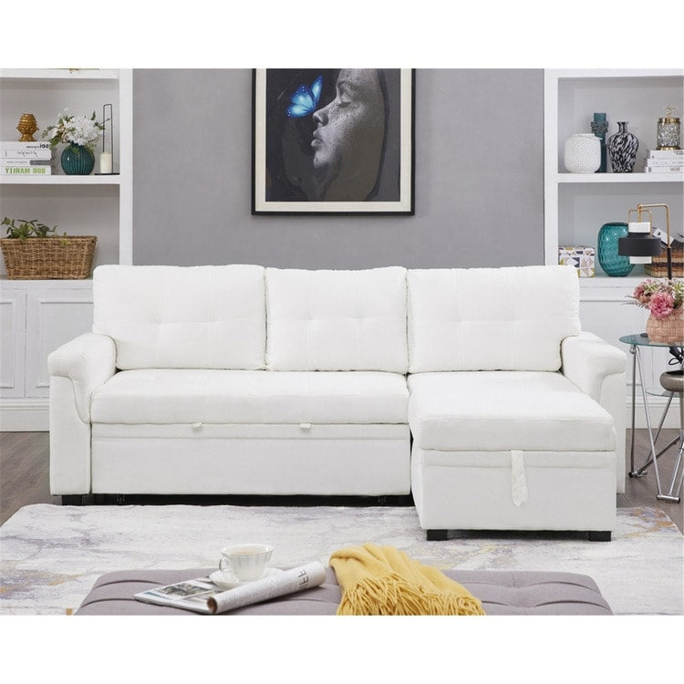 Divano componibile reversibile con letto estraibile, chaise longue con contenitore nascosto e gambe resistenti