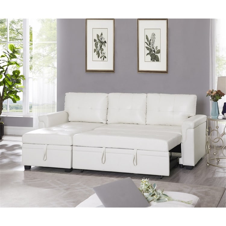 Divano componibile reversibile con letto estraibile, chaise longue con contenitore nascosto e gambe resistenti