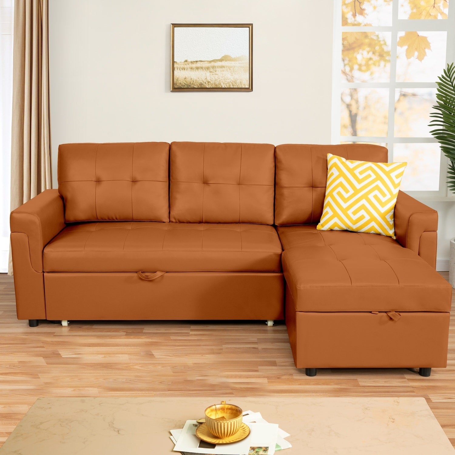 Divano componibile reversibile con letto estraibile, chaise longue con contenitore nascosto e gambe resistenti