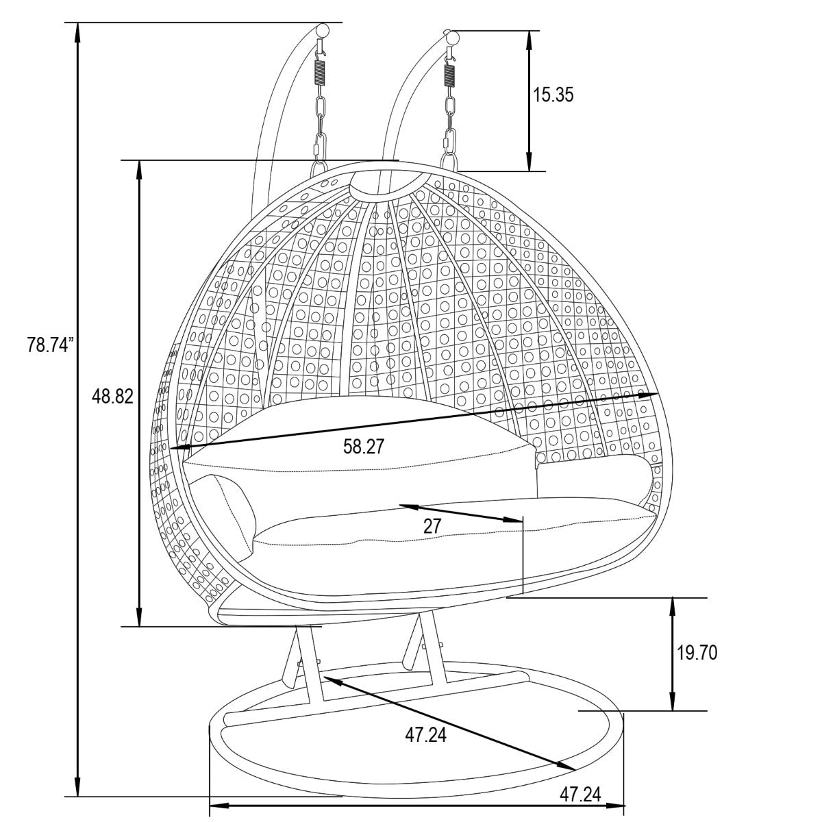 Sedia a forma di uovo sospesa LeisureMod per 2 persone con supporto - Amaca da esterno/interno in rattan e vimini per patio con cuscini