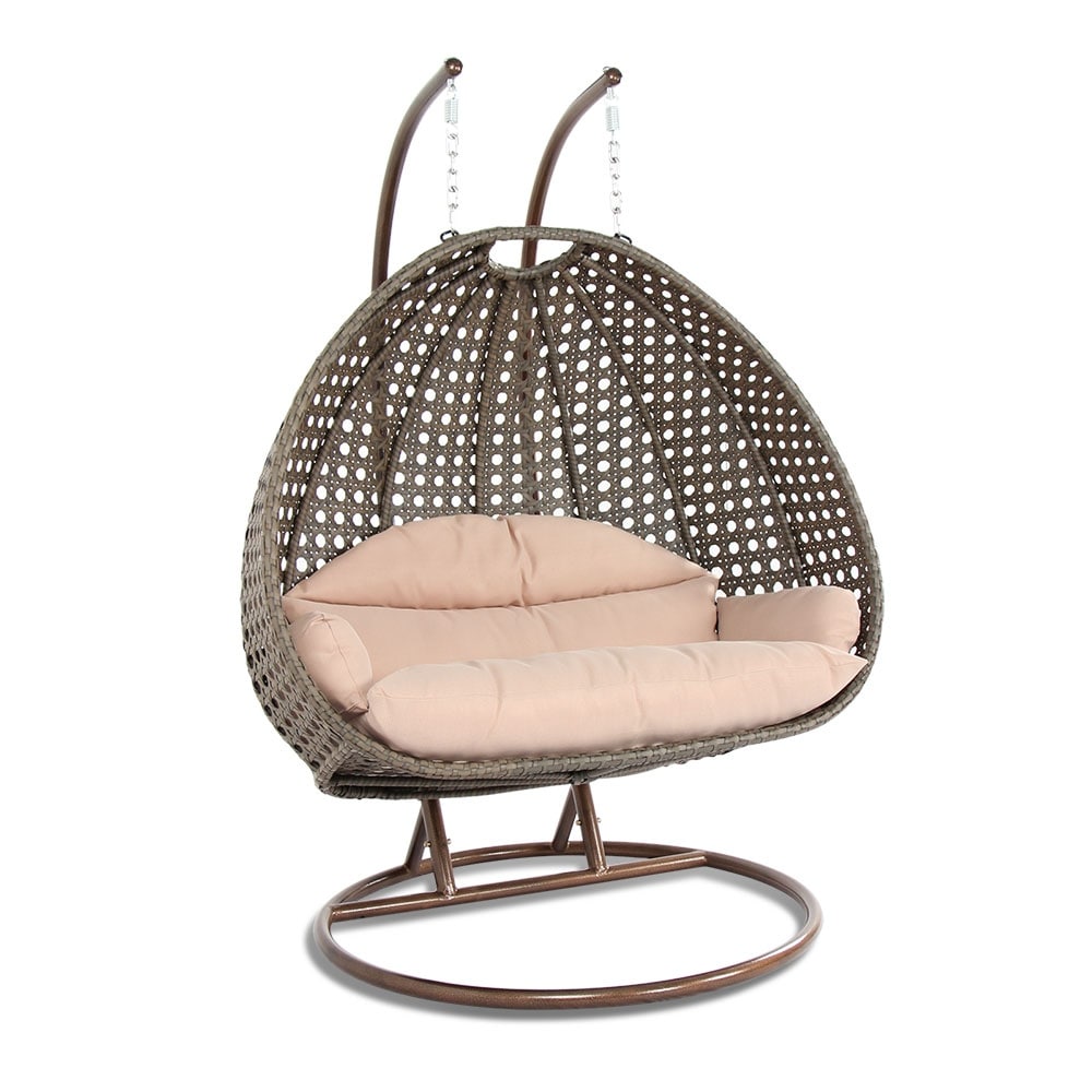 Sedia a forma di uovo sospesa LeisureMod per 2 persone con supporto - Amaca da esterno/interno in rattan e vimini per patio con cuscini